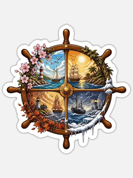 Vier Jahreszeiten am Steuerrad - Sticker Größe S (10 x 10 cm) - Mattweiß