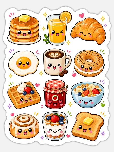 Kawaii Frühstück | Kaffee & Brunch - Sticker Größe S (10 x 10 cm) - Mattweiß