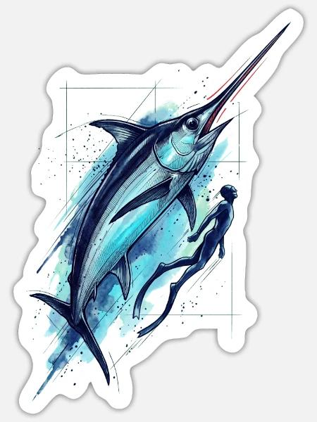 Dive into Blue: Marlin Tattoo - Sticker Größe S (10 x 10 cm) - Mattweiß