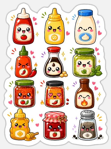 Kawaii Saucen | Würzen & Kochen - Sticker Größe S (10 x 10 cm) - Mattweiß