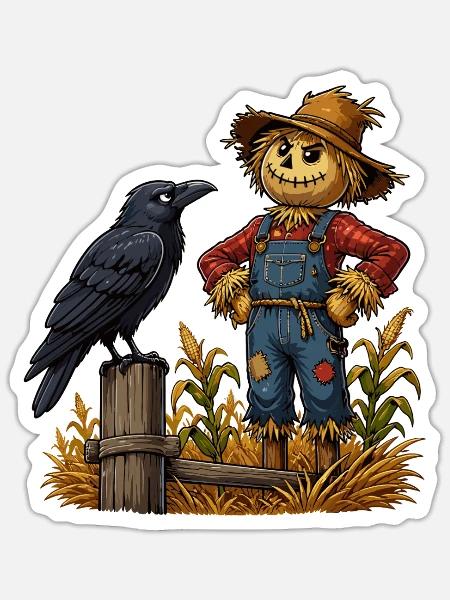 Vogelscheuche & Rabe im Herbstfeld - Sticker Größe S (10 x 10 cm) - Mattweiß