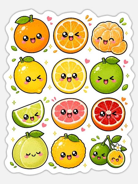 Kawaii Zitrusfrüchte | Orange & Zitrone - Sticker Größe S (10 x 10 cm) - Mattweiß