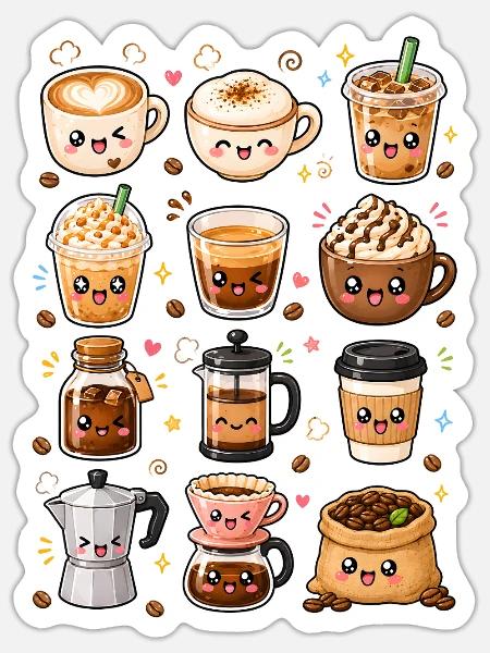 Kawaii Kaffee | Barista & Kaffeeliebe - Sticker Größe S (10 x 10 cm) - Mattweiß