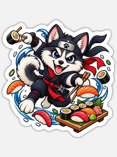 Husky Puppy Sushi Ninja - Sticker Größe S (10 x 10 cm) - Mattweiß