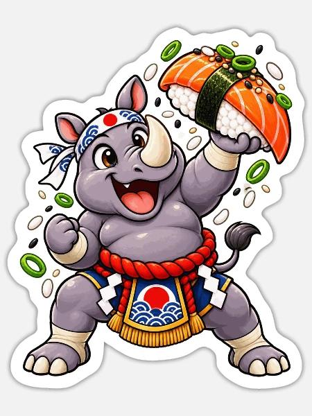 Sumo Rhino hebt eine Sushi-Platte hoch - Sticker Größe S (10 x 10 cm) - Mattweiß