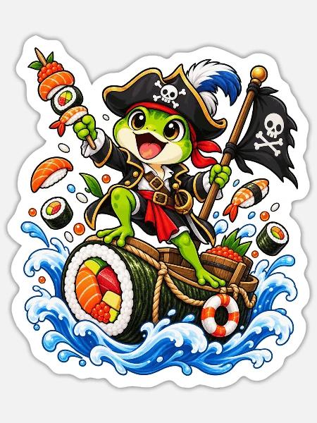 Piratenfrosch segelt ein Sushi-Roll-Schiff - Sticker Größe S (10 x 10 cm) - Mattweiß