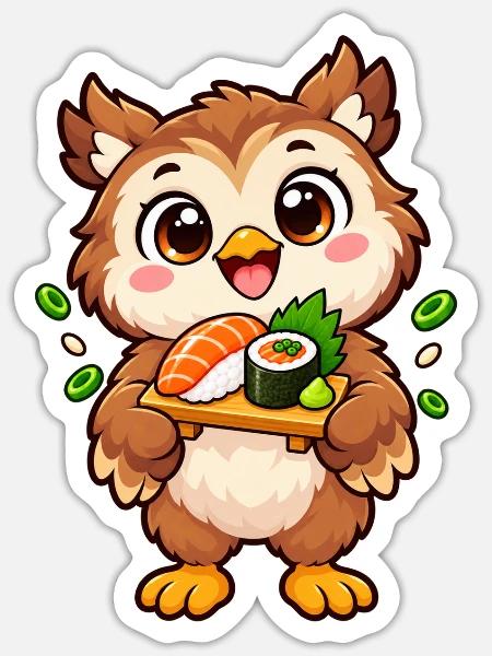 Baby Owl serviert eine Sushi-Nigiri-Platte - Sticker Größe S (10 x 10 cm) - Mattweiß