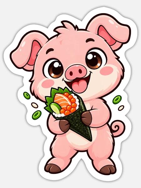 Ferkel-Snacks auf einer geladenen Sushi-Handrolle - Sticker Größe S (10 x 10 cm) - Mattweiß