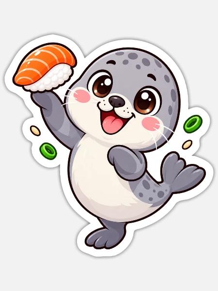 Robbenbaby balanciert einen Lachs Nigiri - Sticker Größe S (10 x 10 cm) - Mattweiß