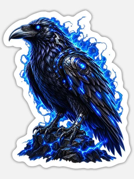 Schwarzer Rabe mit blauer Aura - Sticker Größe S (10 x 10 cm) - Mattweiß