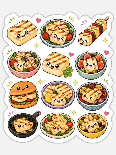 Kawaii Halloumi | Grillkäse & Mediterran - Sticker Größe S (10 x 10 cm) - Mattweiß