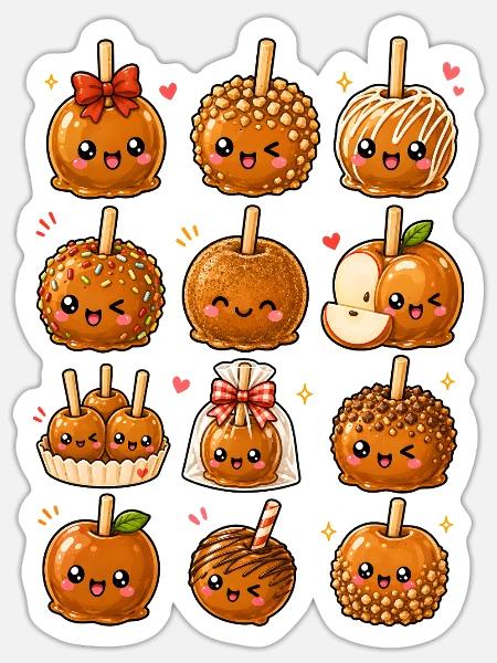Kawaii Karamelläpfel | Apfel & Süßes - Sticker Größe S (10 x 10 cm) - Mattweiß