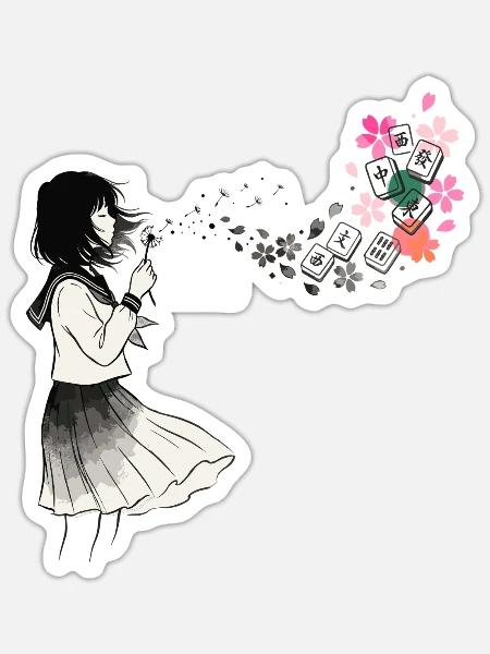 Mahjong Mädchen Japanisches Design - Sticker Größe S (10 x 10 cm) - Mattweiß