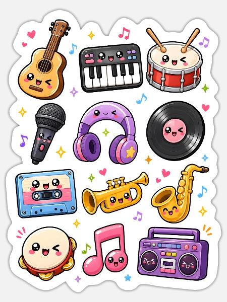 Kawaii Musik | Instrumente & Retro - Sticker Größe S (10 x 10 cm) - Mattweiß