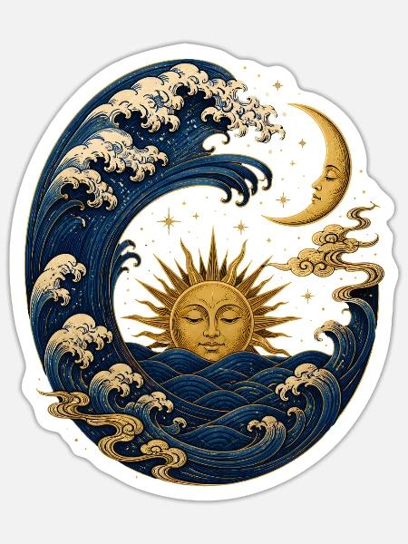 Japanische Welle mit Sonne und Mond - Sticker Größe S (10 x 10 cm) - Mattweiß