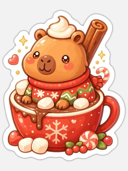 Capybara Heiße Schokolade Weihnachten - Sticker Größe S (10 x 10 cm) - Mattweiß