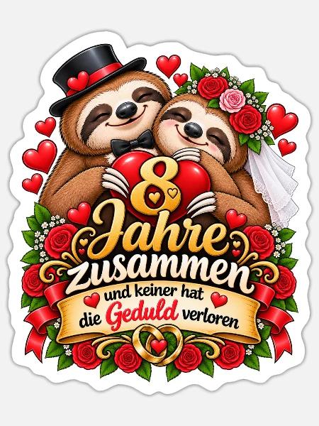 8 Jahre Zusammen Blechhochzeit Faultier Spruch - Sticker Größe S (10 x 10 cm) - Mattweiß