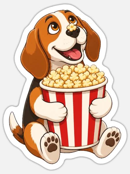 Beagle mit Popcorn - Sticker Größe S (10 x 10 cm) - Mattweiß