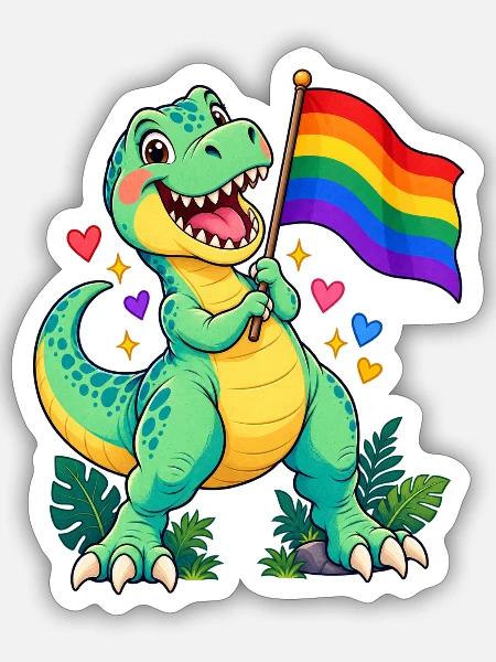T-Rex mit Regenbogenflagge – Pride Dino - Sticker Größe S (10 x 10 cm) - Mattweiß