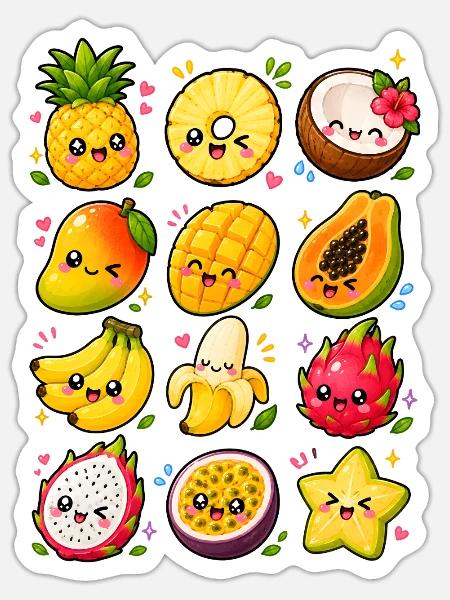 Kawaii Tropenfrüchte | Exotisches Obst - Sticker Größe S (10 x 10 cm) - Mattweiß
