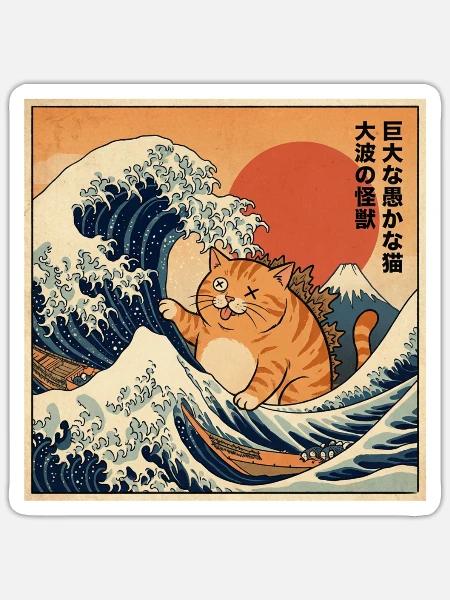 Japan Welle Kaiju Riesige Dumme Katze 巨大な愚かな猫 - Sticker Größe S (10 x 10 cm) - Mattweiß