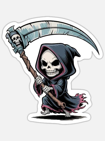 Sensenmann mit Sense Cartoon - Sticker Größe S (10 x 10 cm) - Mattweiß