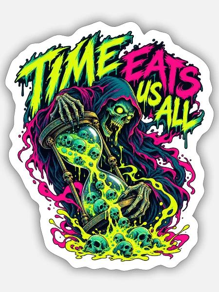 Neon-Todesbote: Zeit frisst uns alle - Sticker Größe S (10 x 10 cm) - Mattweiß