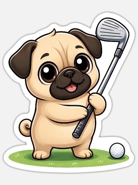 Mops Golf Golfer Süßer Cartoon - Sticker Größe S (10 x 10 cm) - Mattweiß
