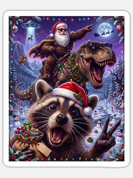 Weihnachtsdino: Santa Rex & Rentier - Sticker Größe S (10 x 10 cm) - Mattweiß