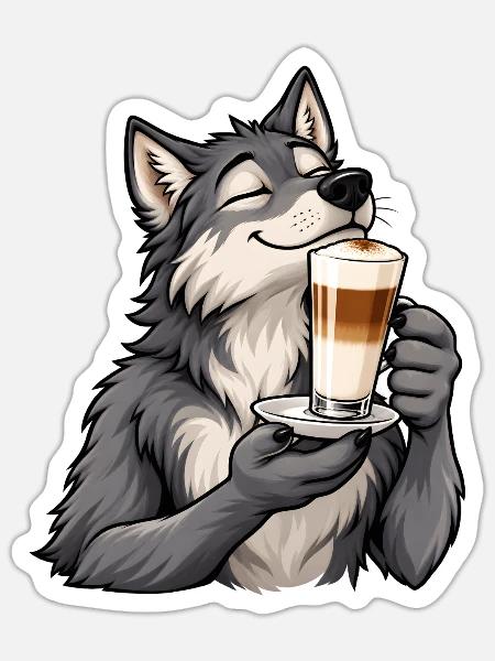 Wolf mit Latte Macchiato - Sticker Größe S (10 x 10 cm) - Mattweiß
