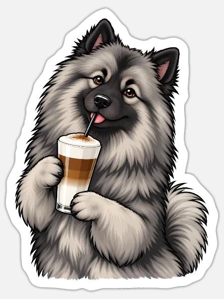 Wolfsspitz mit Latte Macchiato - Sticker Größe S (10 x 10 cm) - Mattweiß