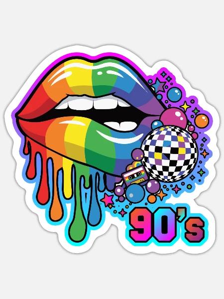 Regenbogenlippen 90er Disco - Sticker Größe S (10 x 10 cm) - Mattweiß