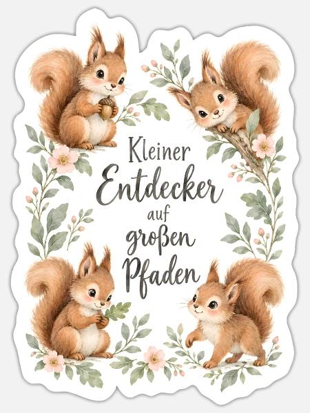 Kleiner Entdecker Eichhörnchen Waldtiere Aquarell - Sticker Größe S (10 x 10 cm) - Mattweiß