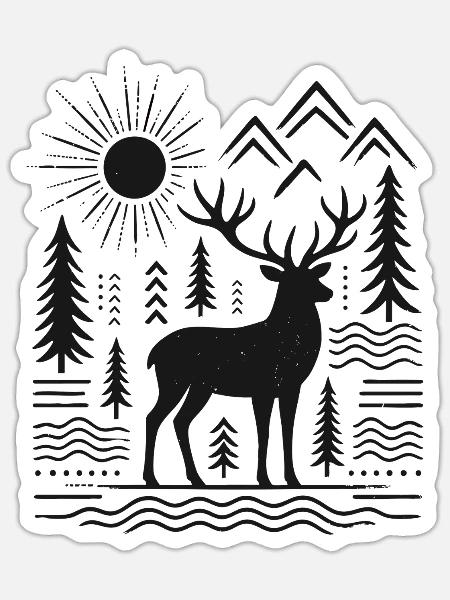 Hirsch in Kiefern-Silhouette - Sticker Größe S (10 x 10 cm) - Mattweiß