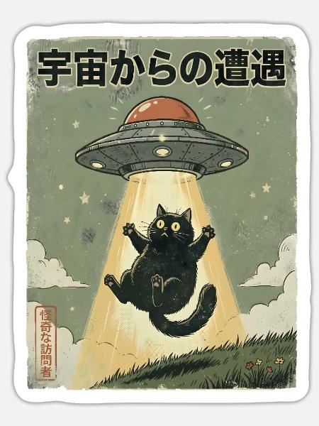 UFO Katze Begegnung im All - Sticker Größe S (10 x 10 cm) - Mattweiß