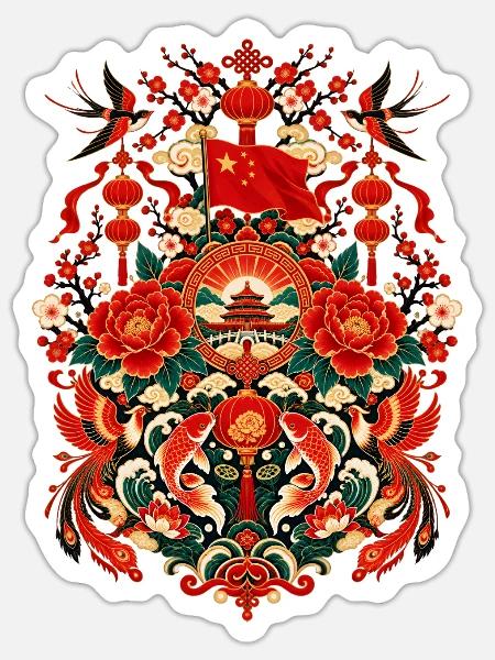 China | Laternen, Koi & Volkskunst - Sticker Größe S (10 x 10 cm) - Mattweiß