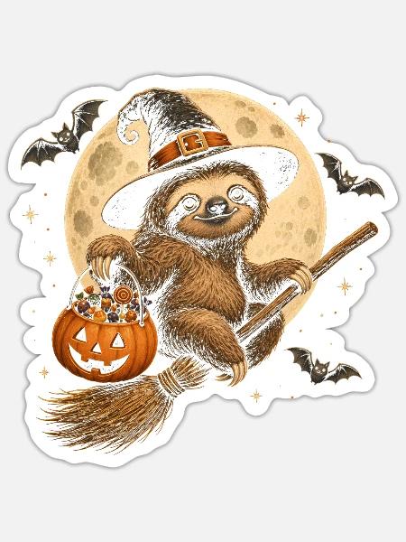 Faultier Hexe Halloween Faultier - Sticker Größe S (10 x 10 cm) - Mattweiß
