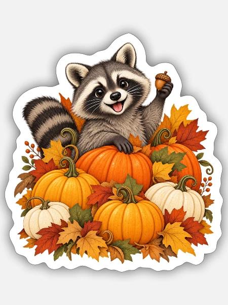 Waschbär im Kürbisfeld - Sticker Größe S (10 x 10 cm) - Mattweiß