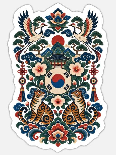 Südkorea | Tiger, Kraniche & Hanbok-Stil - Sticker Größe S (10 x 10 cm) - Mattweiß