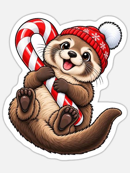 Süßer Otter mit Wintermütze & Zuckerstange - Sticker Größe S (10 x 10 cm) - Mattweiß