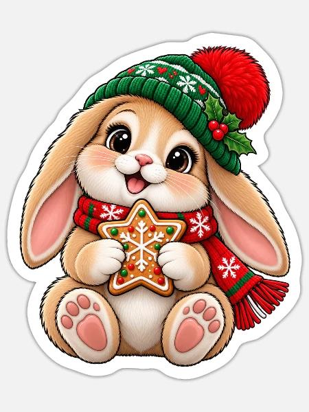 Süßes Häschen mit Wintermütze & Lebkuchen - Sticker Größe S (10 x 10 cm) - Mattweiß