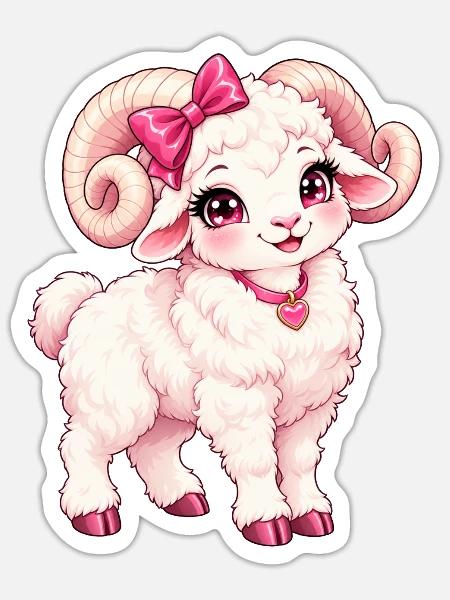 Kawaii Dall Dickhorn-Schaf - Sticker Größe S (10 x 10 cm) - Mattweiß