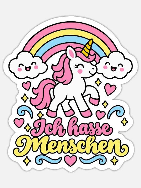 Ich hasse Menschen – Süßes Einhorn Regenbogen  - Sticker Größe S (10 x 10 cm) - Mattweiß