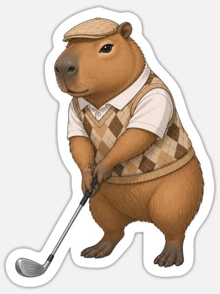 Capybara spielt Golf  - Sticker Größe S (10 x 10 cm) - Mattweiß