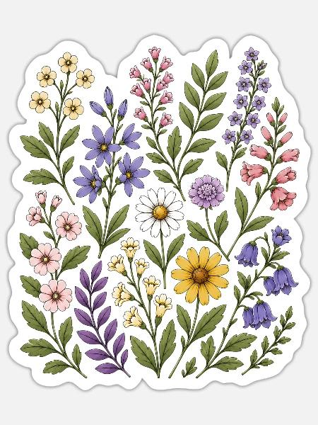 Pastel Wildflowers Daisy Bellflower - Sticker Größe S (10 x 10 cm) - Mattweiß