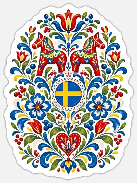 Schweden | Dalapferd & Volkskunst - Sticker Größe S (10 x 10 cm) - Mattweiß