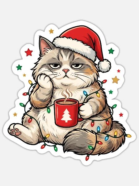 Gemütliche Weihnachtskatze - Sticker Größe S (10 x 10 cm) - Mattweiß