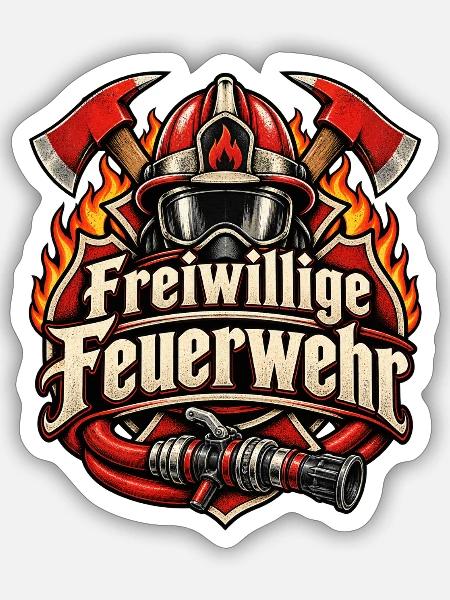Freiwillige Feuerwehr Helm Äxte & Schlauch - Sticker Größe S (10 x 10 cm) - Mattweiß