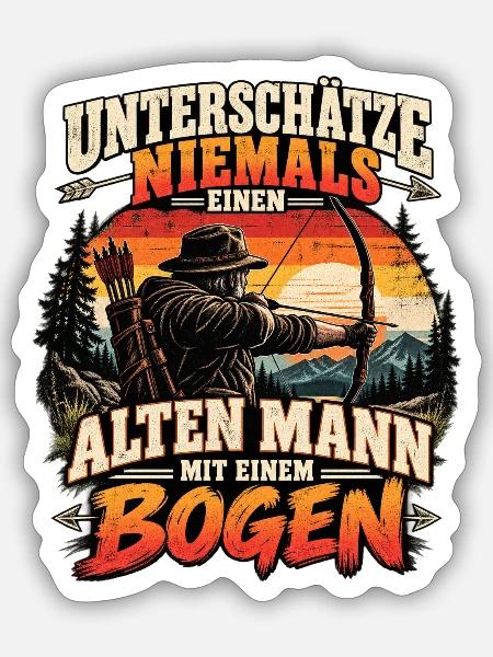 Unterschätze niemals einen alten Mann mit Bogen - Sticker Größe S (10 x 10 cm) - Mattweiß