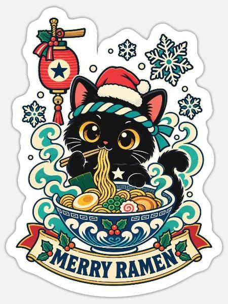 Kawaii-Katze Ramen Weihnachten - Sticker Größe S (10 x 10 cm) - Mattweiß